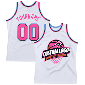 Custom White Pink Black-Light Blue Authentic Throwback Basketball Jersey