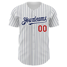 Load image into Gallery viewer, Custom White Navy Pinstripe Red Authentic Baseball Jersey
