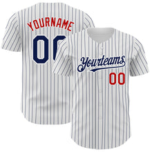 Load image into Gallery viewer, Custom White Navy Pinstripe Red Authentic Baseball Jersey

