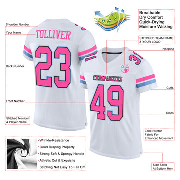 Custom White Pink Black-Light Blue Mesh Authentic Football Jersey