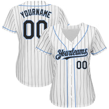 Load image into Gallery viewer, Custom White Black Pinstripe Light Blue Authentic Baseball Jersey
