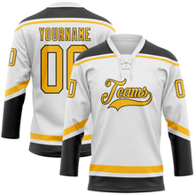 Load image into Gallery viewer, Custom White Gold-Black Hockey Lace Neck Jersey
