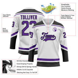 Custom White Purple-Black Hockey Lace Neck Jersey