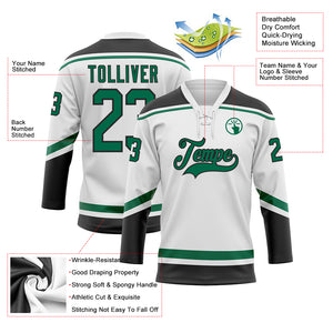 Custom White Kelly Green-Black Hockey Lace Neck Jersey