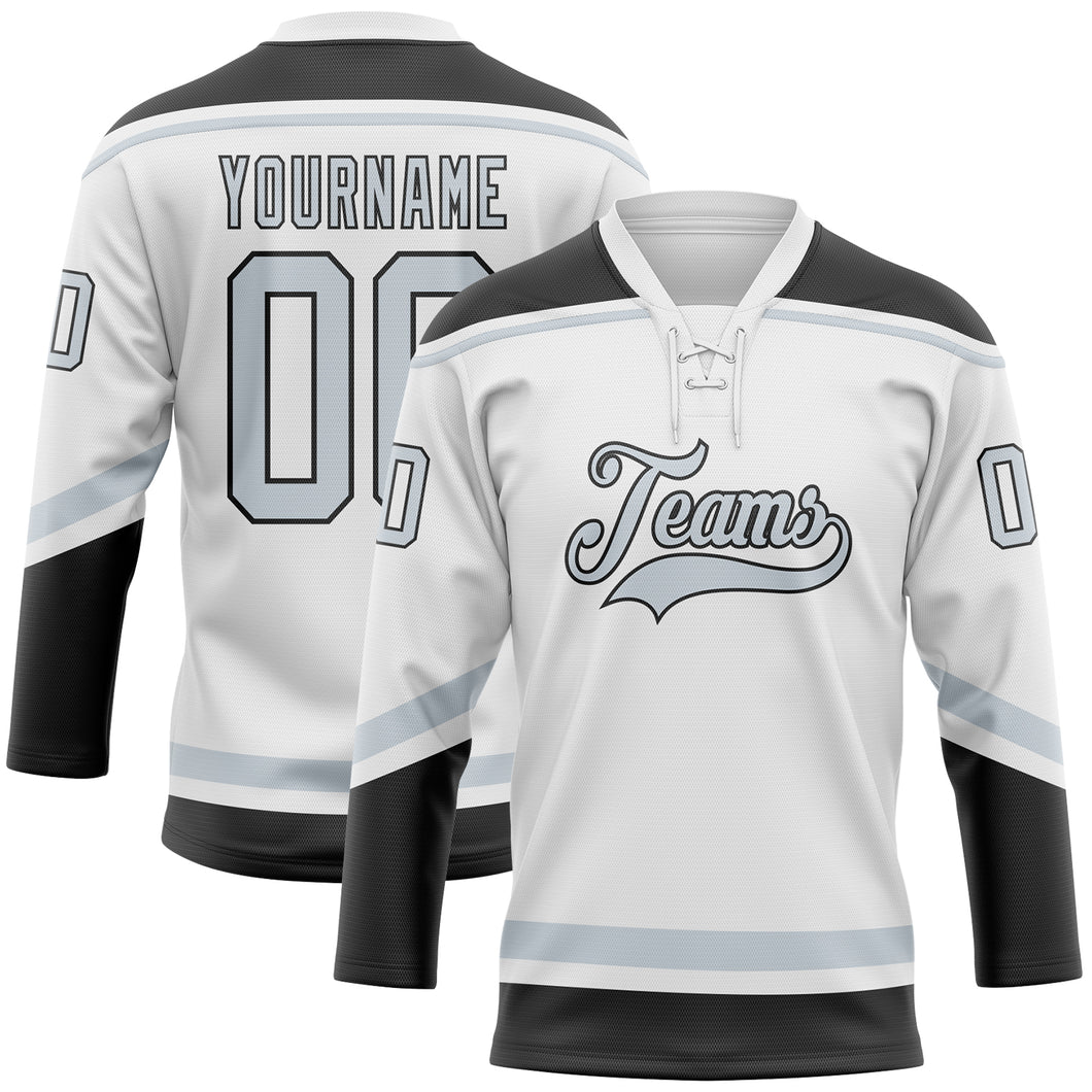 Custom White Silver-Black Hockey Lace Neck Jersey