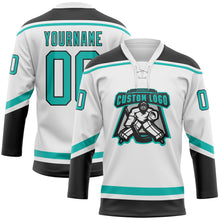 Load image into Gallery viewer, Custom White Aqua-Black Hockey Lace Neck Jersey
