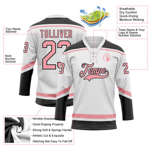 Custom White Medium Pink-Black Hockey Lace Neck Jersey