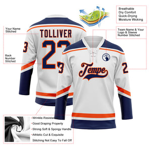 Custom White Navy-Orange Hockey Lace Neck Jersey