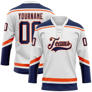 Custom White Navy-Orange Hockey Lace Neck Jersey