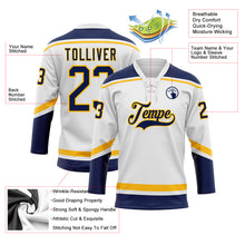 Load image into Gallery viewer, Custom White Navy-Gold Hockey Lace Neck Jersey
