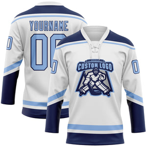 Custom White Light Blue-Navy Hockey Lace Neck Jersey