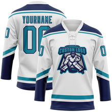 Загрузить изображение в средство просмотра галереи, Custom White Teal-Navy Hockey Lace Neck Jersey
