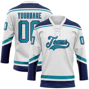 Custom White Teal-Navy Hockey Lace Neck Jersey