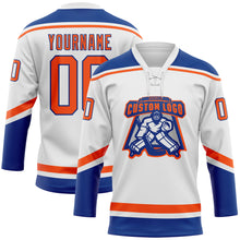 Laden Sie das Bild in den Galerie-Viewer, Custom White Orange-Royal Hockey Lace Neck Jersey
