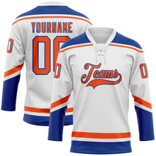 Laden Sie das Bild in den Galerie-Viewer, Custom White Orange-Royal Hockey Lace Neck Jersey
