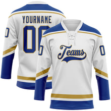 Laden Sie das Bild in den Galerie-Viewer, Custom White Royal-Old Gold Hockey Lace Neck Jersey
