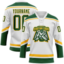 Laden Sie das Bild in den Galerie-Viewer, Custom White Green-Gold Hockey Lace Neck Jersey
