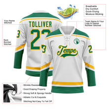 Laden Sie das Bild in den Galerie-Viewer, Custom White Kelly Green-Gold Hockey Lace Neck Jersey
