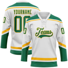 Laden Sie das Bild in den Galerie-Viewer, Custom White Kelly Green-Gold Hockey Lace Neck Jersey
