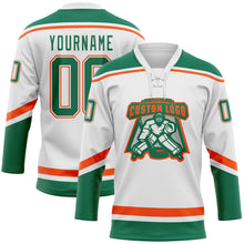 Laden Sie das Bild in den Galerie-Viewer, Custom White Kelly Green-Orange Hockey Lace Neck Jersey
