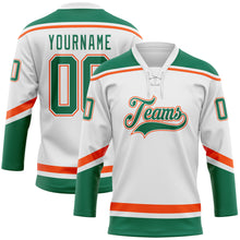 Laden Sie das Bild in den Galerie-Viewer, Custom White Kelly Green-Orange Hockey Lace Neck Jersey
