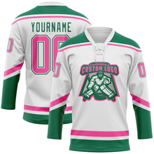 Загрузить изображение в средство просмотра галереи, Custom White Pink-Kelly Green Hockey Lace Neck Jersey
