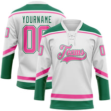 Загрузить изображение в средство просмотра галереи, Custom White Pink-Kelly Green Hockey Lace Neck Jersey
