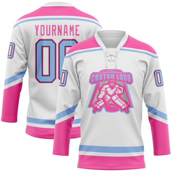 Custom Pink Sky Blue-Black Hockey Lace Neck Jersey Discount