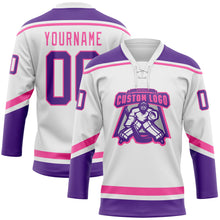 Laden Sie das Bild in den Galerie-Viewer, Custom White Purple-Pink Hockey Lace Neck Jersey
