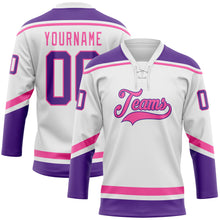 Laden Sie das Bild in den Galerie-Viewer, Custom White Purple-Pink Hockey Lace Neck Jersey
