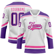 Charger l&#39;image dans la galerie, Custom White Purple-Pink Hockey Lace Neck Jersey
