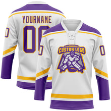 Загрузить изображение в средство просмотра галереи, Custom White Purple-Gold Hockey Lace Neck Jersey
