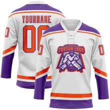 Laden Sie das Bild in den Galerie-Viewer, Custom White Orange-Purple Hockey Lace Neck Jersey
