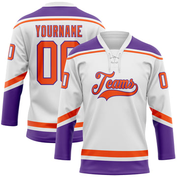 Custom White Orange-Purple Hockey Lace Neck Jersey