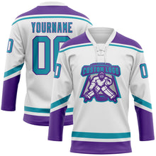 Laden Sie das Bild in den Galerie-Viewer, Custom White Teal-Purple Hockey Lace Neck Jersey
