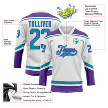 Laden Sie das Bild in den Galerie-Viewer, Custom White Teal-Purple Hockey Lace Neck Jersey

