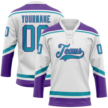 Custom White Teal-Purple Hockey Lace Neck Jersey