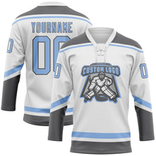 Laden Sie das Bild in den Galerie-Viewer, Custom White Light Blue-Steel Gray Hockey Lace Neck Jersey
