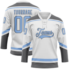 Load image into Gallery viewer, Custom White Light Blue-Steel Gray Hockey Lace Neck Jersey
