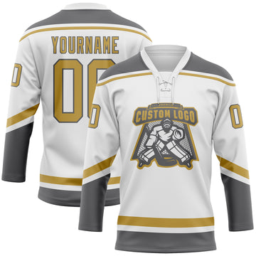 Custom White Old Gold-Steel Gray Hockey Lace Neck Jersey