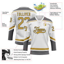 Загрузить изображение в средство просмотра галереи, Custom White Old Gold-Steel Gray Hockey Lace Neck Jersey
