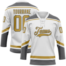 Загрузить изображение в средство просмотра галереи, Custom White Old Gold-Steel Gray Hockey Lace Neck Jersey

