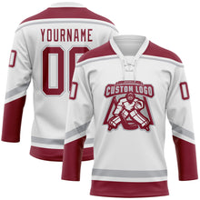 Laden Sie das Bild in den Galerie-Viewer, Custom White Crimson-Gray Hockey Lace Neck Jersey
