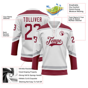 Custom White Crimson-Gray Hockey Lace Neck Jersey