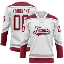 Laden Sie das Bild in den Galerie-Viewer, Custom White Crimson-Gray Hockey Lace Neck Jersey
