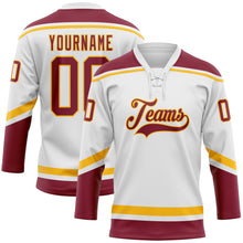 Load image into Gallery viewer, Custom White Crimson-Gold Hockey Lace Neck Jersey
