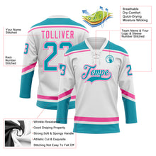 Laden Sie das Bild in den Galerie-Viewer, Custom White Teal-Pink Hockey Lace Neck Jersey
