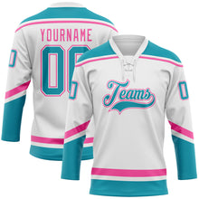Laden Sie das Bild in den Galerie-Viewer, Custom White Teal-Pink Hockey Lace Neck Jersey
