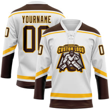 Laden Sie das Bild in den Galerie-Viewer, Custom White Brown-Gold Hockey Lace Neck Jersey
