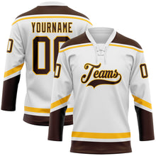 Laden Sie das Bild in den Galerie-Viewer, Custom White Brown-Gold Hockey Lace Neck Jersey
